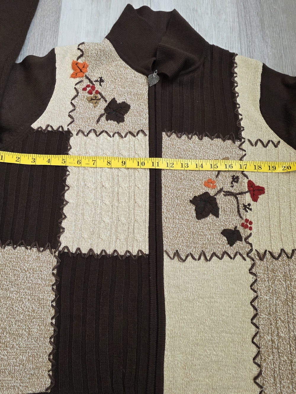 Alia Women’s Medium Patchwork Embroidered Full Zip Cardigan Sweater Brown Beige - Picture 10 of 12